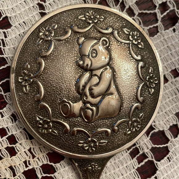 Silver keepsake baby mirror Teddy Bear and flower design 5.5” tall, 2.5”wide big - Picture 3 of 11